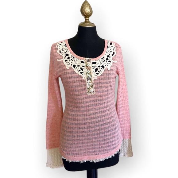 Miss Me Sweaters - Miss Me Pink Knit Semi-Sheer Long Sleeve Sweater With Lace Detailing Size Small